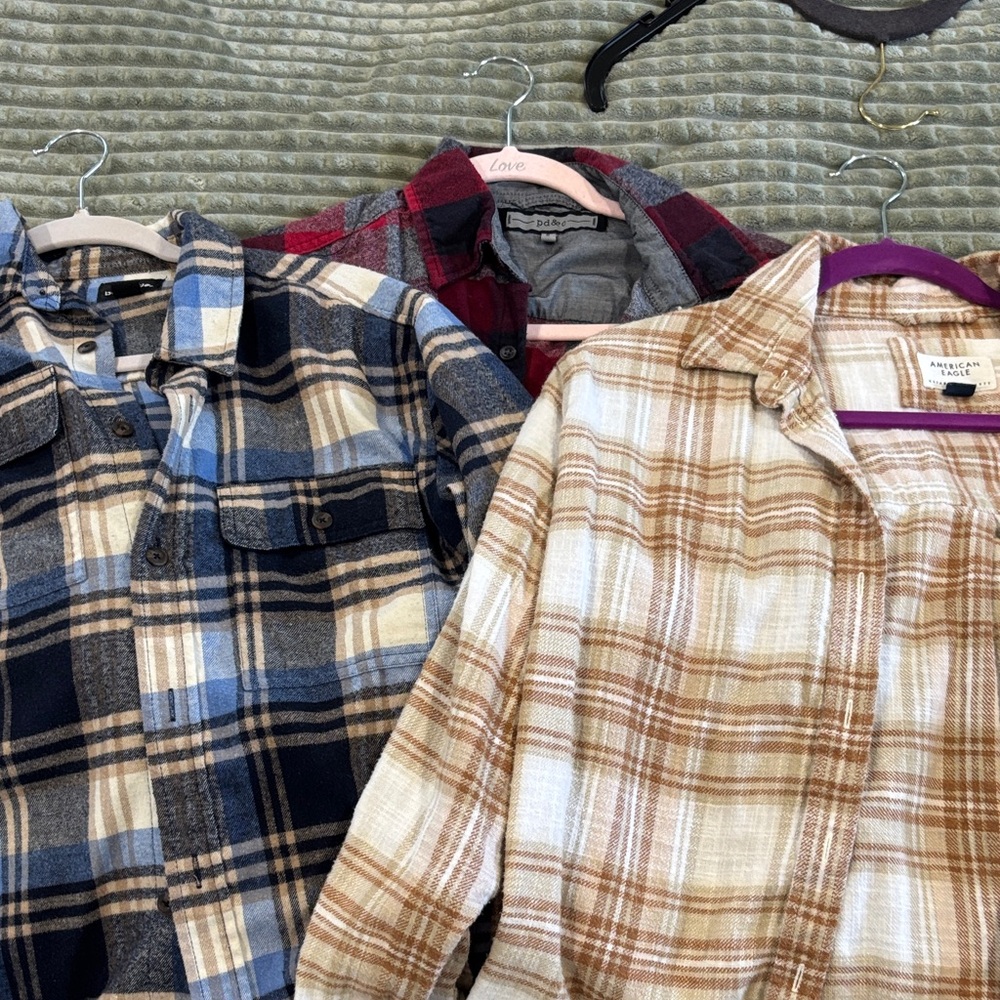 3 flannels - various brands, all size small - Blue, Red, and Tan